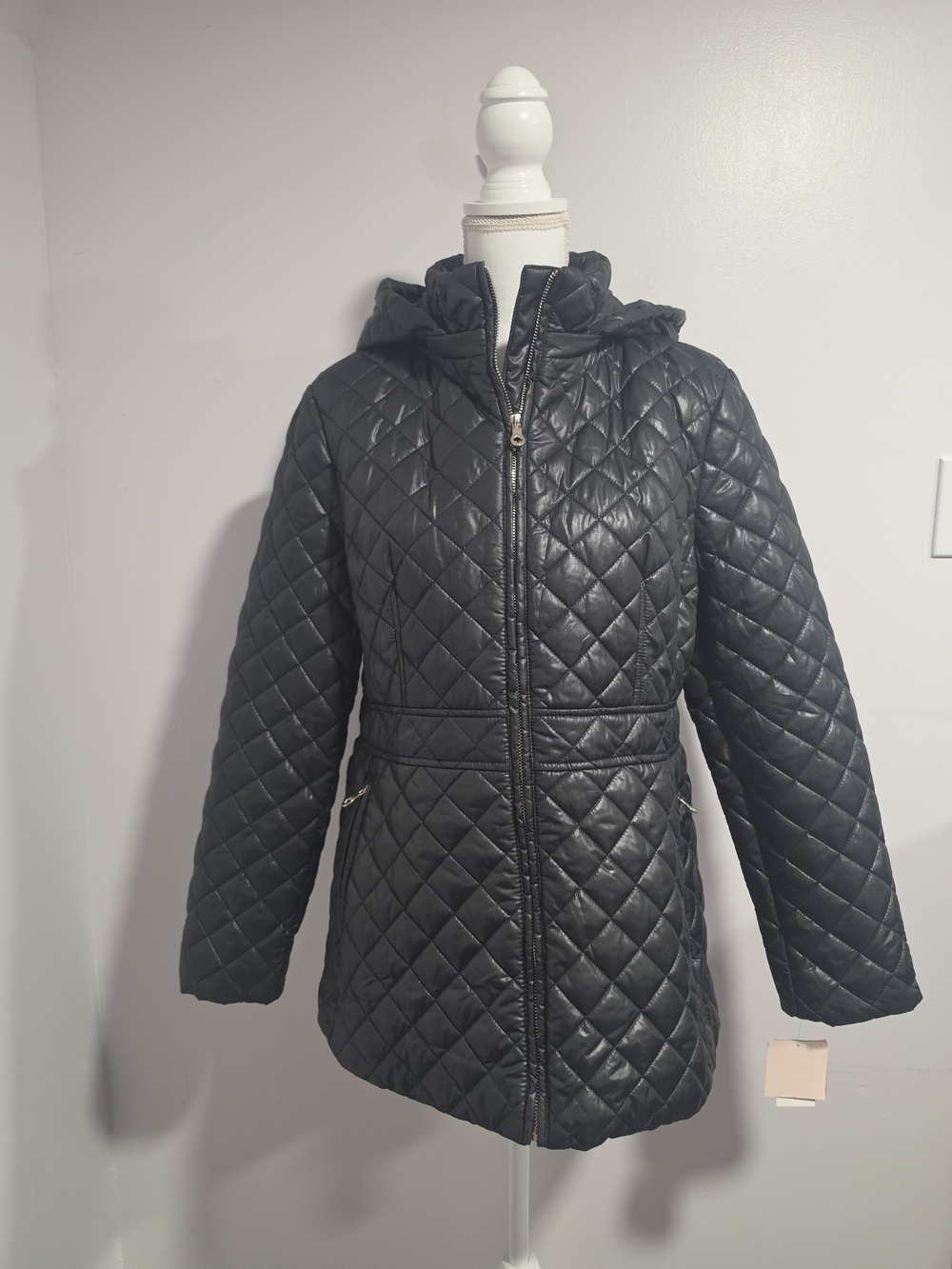 NWT Kate Spade Black Quilted Hooded Puffer Zip Up Coat Women's Size Large